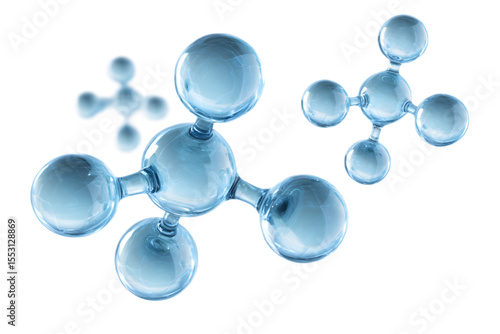 Molecules rendered with transparent blue spheres showcase scientific visualization, transparent background