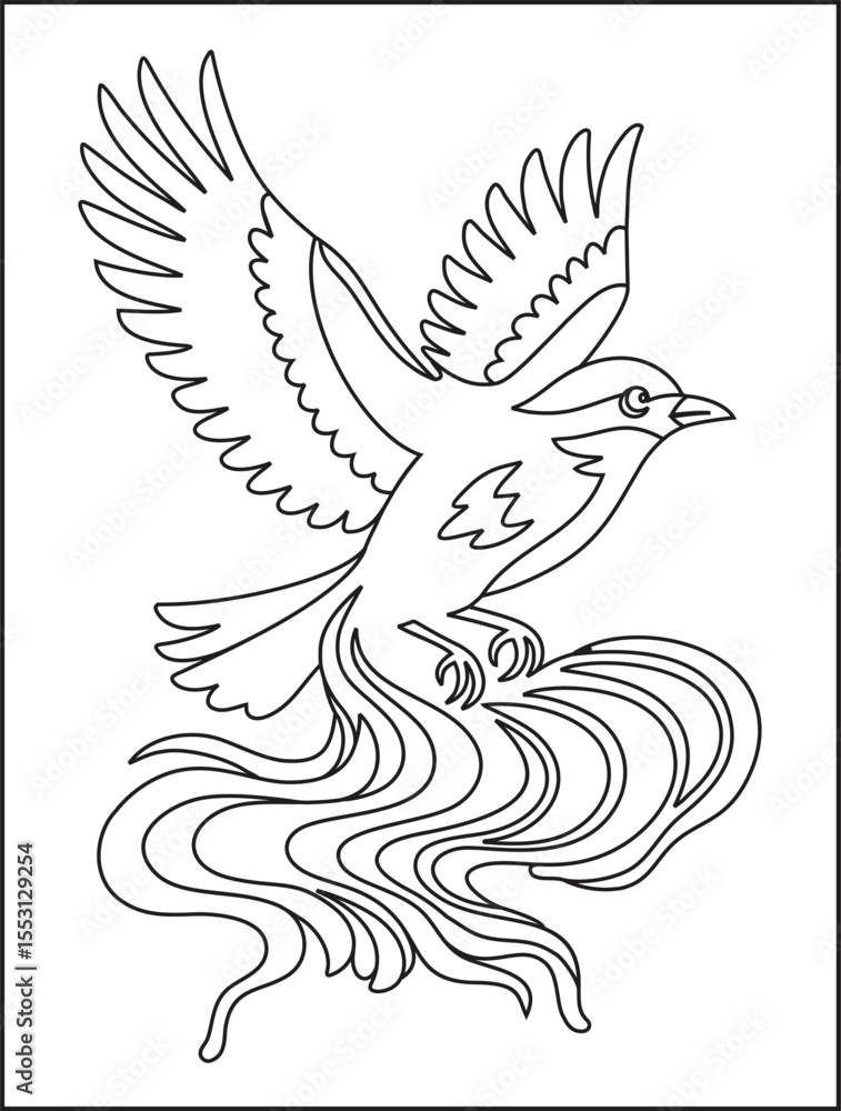 Fototapeta premium A line art drawing of a bird with wings spread above swirling lines on a white background design