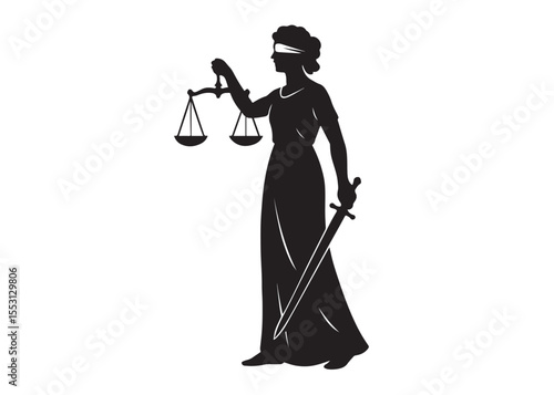 justice scales lady logo silhouette vector, lady justice logo icon silhouette, woman holding scales of justice silhouette lady lawyer logo design vector illustration silhouette on a white background