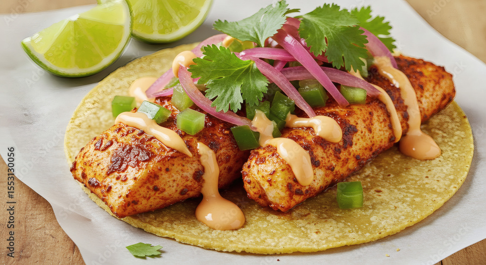 Mexican Spicy Fish Taco Corn Tortilla Chipotle Mayo Pickled Onions Cilantro Lime Mexican Spicy Fish Taco Corn Tortilla Chipotle Mayo Pickled Onions Cilantro Lime