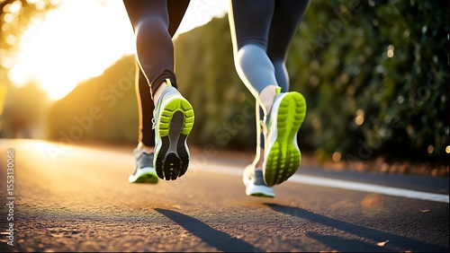 Dynamic Close-Up of Runners' Feet on a Scenic Pathway During Golden Hour