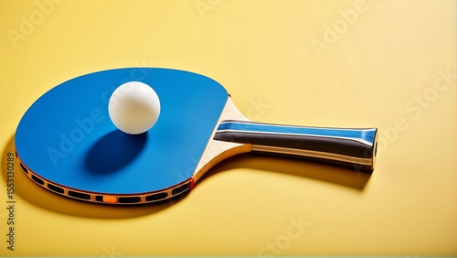 Dynamic Close-Up of a Table Tennis Paddle and Ball on Vibrant Yellow Background