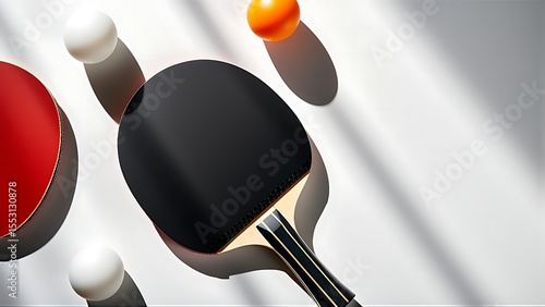 Dynamic Table Tennis Composition Featuring Paddle and Colorful Balls