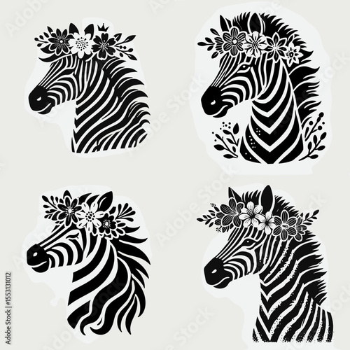 Zebra. With Flower Crown Cartoon Clipart Cowboy Silhouette Line Art Vector Illustration. Striped equine savanna inhabitant distinctive pattern wildlife creature.