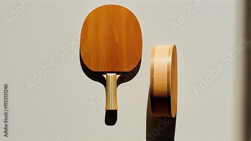 Elegant Wooden Table Tennis Paddle and Ring on Minimalist Background