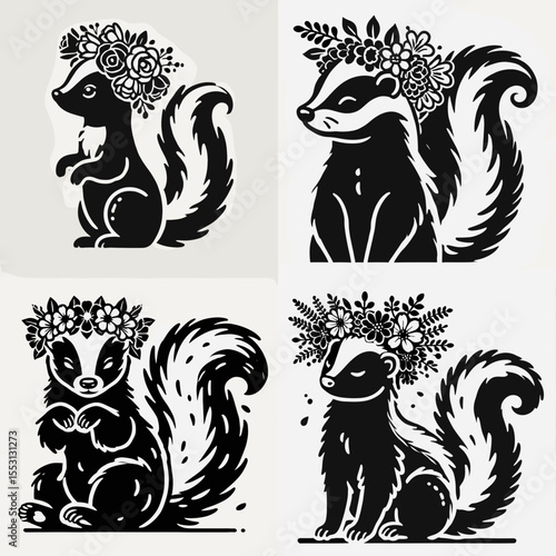Skunk. With Flower Crown Cartoon Clipart Cowboy Silhouette Line Art Vector Illustration. Striped mammal pungent critter a strong smell often found near home.