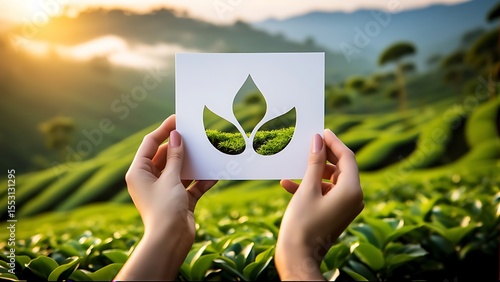 Embracing Nature's Essence: Hands Holding a Leaf Shaped Cutout over Lush Green Tea Fields