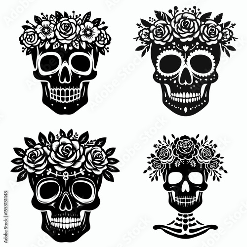 skull. With Flower Crown Cartoon Clipart Cowboy Silhouette Line Art Vector Illustration. Head bone anatomy human cranial structure and skeletal frame concept.