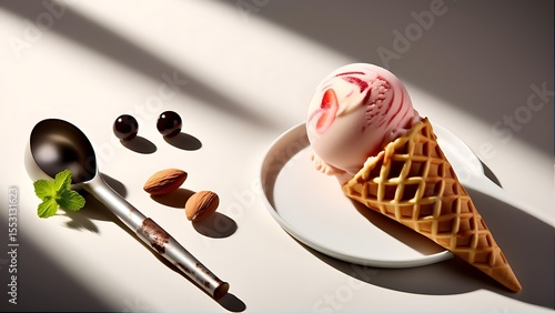 Indulge in Delicious Strawberry Ice Cream Cone with Nuts and Chocolate
