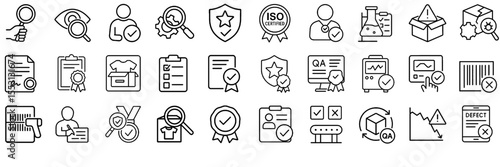Quality Assurance and Certification Stroke Icon Collection. Featuring Audit, Compliance, Safety, Standards, and More. Editable Line Vector Symbols Set.