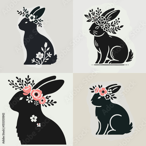 Rabbit. With Flower Crown Cartoon Clipart Cowboy Silhouette Line Art Vector Illustration. Bunny kind pet hare domestic animal small rodent creature gentle nature.