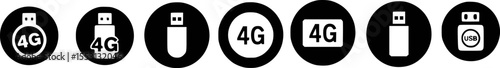 Usb drive and 4g connectivity icons in black and white circles
