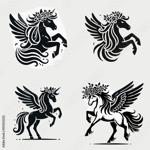 Pegasus. With Flower Crown Cartoon Clipart Cowboy Silhouette Line Art Vector Illustration. Winged steed legendary equine mythical creature flight concept and folklore theme.