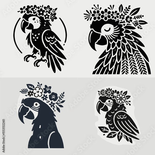 Parrot. With Flower Crown Cartoon Clipart Cowboy Silhouette Line Art Vector Illustration. Colorful avian mimic vocalization tropical bird common pet winged creature.