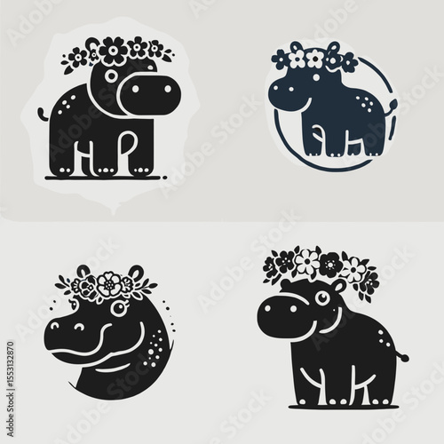 Hippo. With Flower Crown Cartoon Clipart Cowboy Silhouette Line Art Vector Illustration. Large water dweller a river mammal observe wildlife and enjoy nature tour.