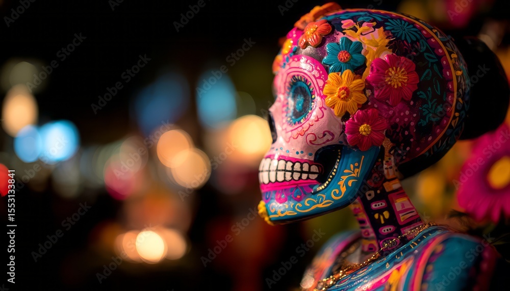 Naklejka premium Colorful decorative skull, adorned with flowers.