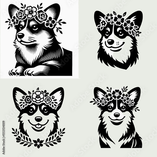 Corgi Dog. With Flower Crown Cartoon Clipart Cowboy Silhouette Line Art Vector Illustration. Welsh breed short legged friend adorable canine pet adoption info.