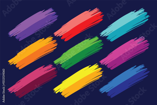 Multicolored brushstrokes are arrayed diagonally on a navy background, forming a vivid, abstract pattern