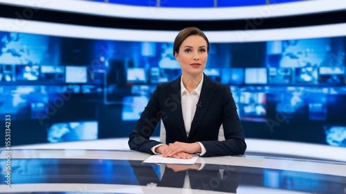 Professional Woman Presenting News in Studio with Blue Digital Backdrop