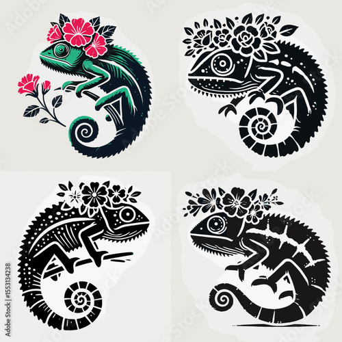 Chameleon. With Flower Crown Cartoon Clipart Cowboy Silhouette Line Art Vector Illustration. Reptile that adjust color blending critter adapting lizard animal change hue.