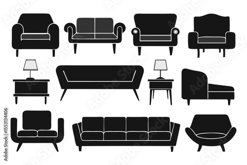 Various black living room furniture pieces are illustrated on a white background perfectly
