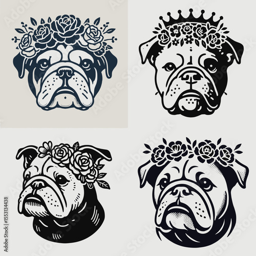 Bulldog Dog. With Flower Crown Cartoon Clipart Cowboy Silhouette Line Art Vector Illustration. Canine companion a stout british pet breed information and guide.