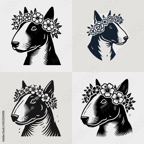 Bull Terrier Dog. With Flower Crown Cartoon Clipart Cowboy Silhouette Line Art Vector Illustration. Canine type english bullie a domesticated breed friend.