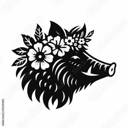 boar. With Flower Crown Cartoon Clipart Cowboy Silhouette Line Art Vector Illustration. Wild pig type large feral swine hairy mammal belonging to porcine kind.