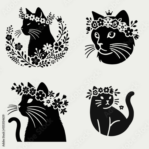 Black Cat. With Flower Crown Cartoon Clipart Cowboy Silhouette Line Art Vector Illustration. Dark feline friend a domestic pet good omen luck sign animal image.