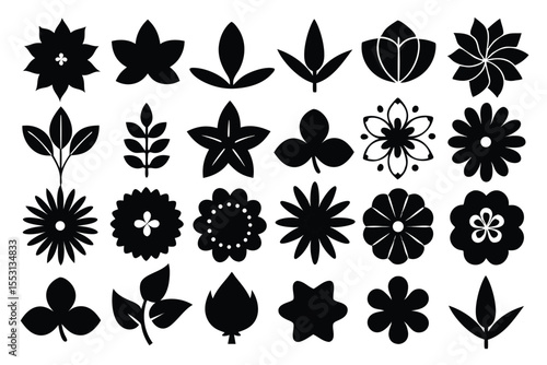 Collection of twentyfour flower and leaf black silhouette elements appear on a white background