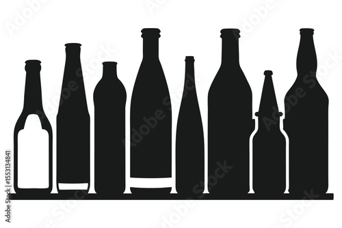 Black silhouette shows diverse bottle shapes standing in a row with a transparent background