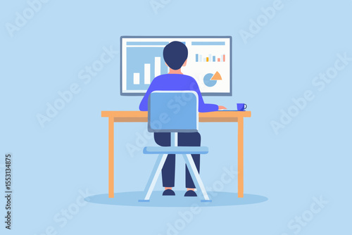 Man Analyzing Data on Computer Screen at Desk in Office Illustration