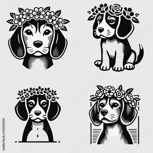 Beagle Dog. With Flower Crown Cartoon Clipart Cowboy Silhouette Line Art Vector Illustration. Canine pal a petite scent hound for friend family and companion.
