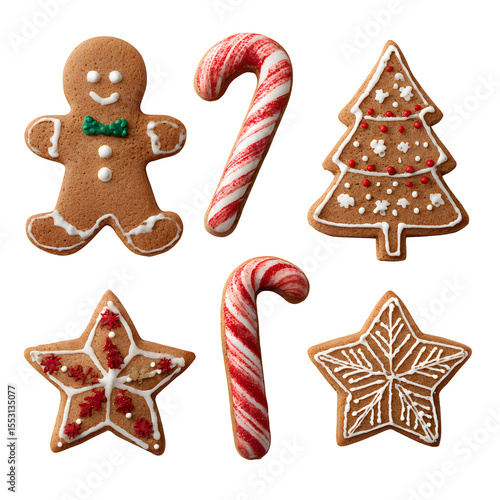 Assortment of decorated Christmas gingerbread cookies (gingerbread man, star, candy cane), isolated on a clean white background, top view,