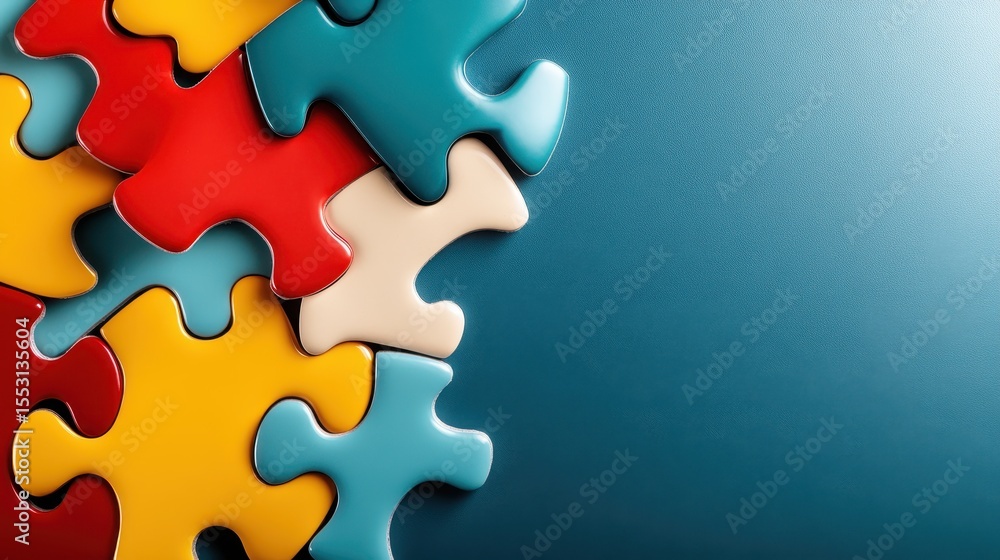 Obraz premium An arrangement of colorful puzzle pieces symbolizes problem-solving, teamwork, and creativity, ideal for educational themes, games, and collaborative projects.