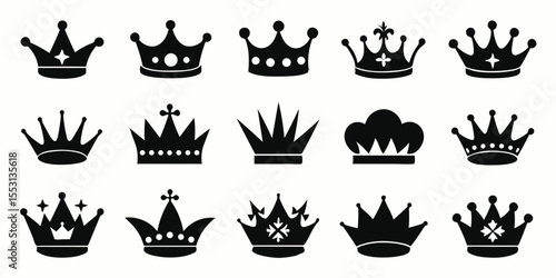 Collection of black silhouettes shows various regal crowns on a transparent background