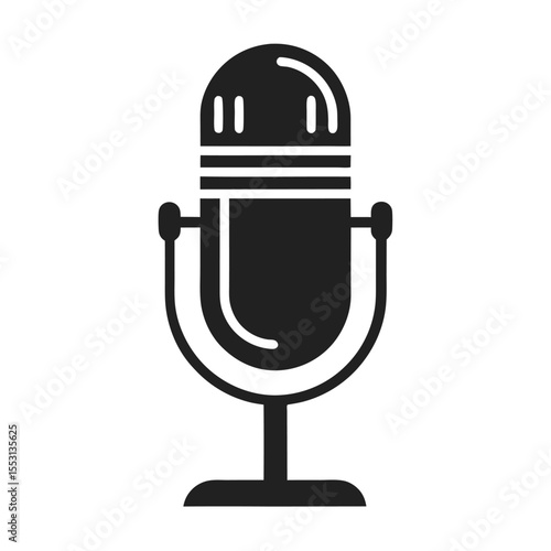 Black retro microphone stands firmly, projecting audio from its iconic form on transparent background