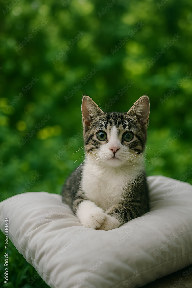 Fototapeta premium Lovely Tabby Kitten Relaxing Outdoors on Soft Pillow 
