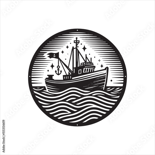 A stylized black and white illustration of a fishing trawler sailing on wavy seas under a starry night sky, encircled within a circular frame.