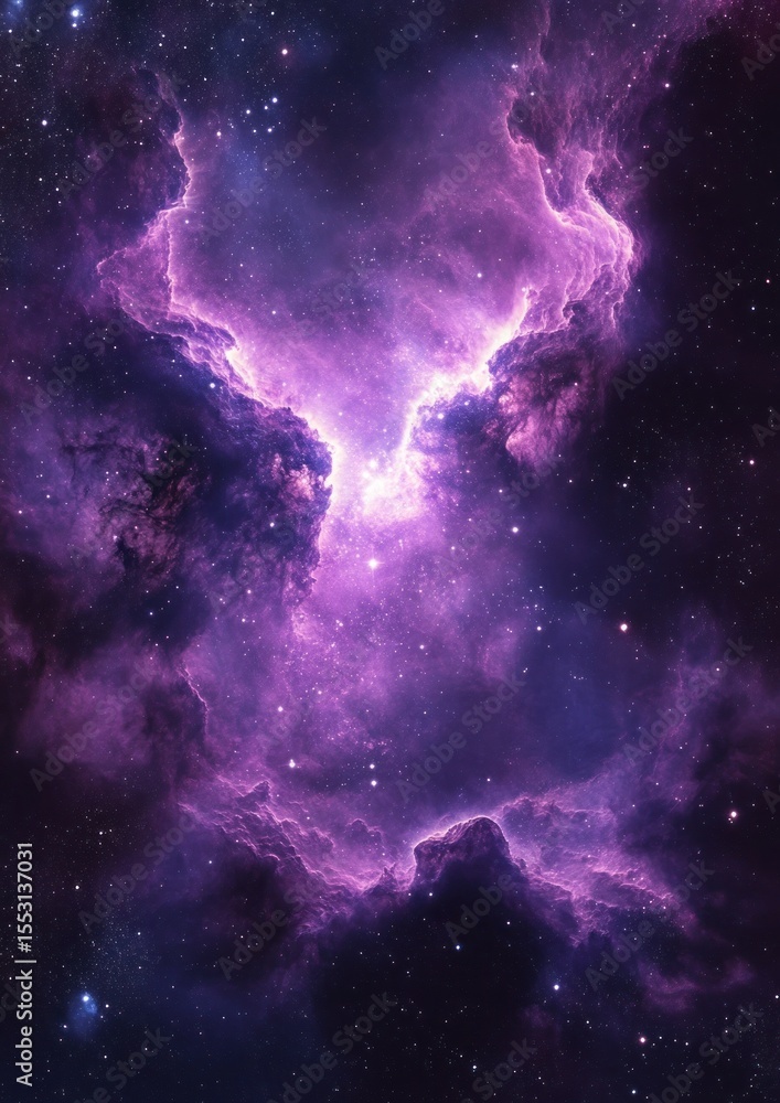 Fototapeta premium Vibrant purple and pink cosmic nebula with glowing clouds of gas and dust illuminated against a star-filled dark space background, evoking mystery and wonder
