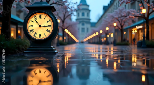 Vintage Street Clock in Springtime Urban Scene – Rainy Pavement, Pink Blossoms & Tower in the Background