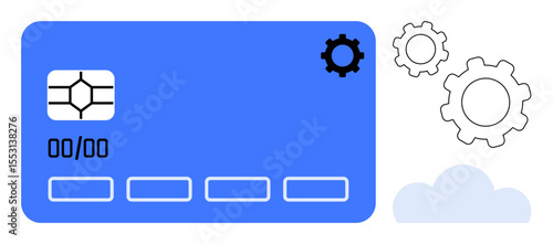 Blue credit card with a chip and expiry date icon, gears symbolizing settings or integration, and a cloud element. Ideal for fintech, payment solutions, digital security, innovation, data management