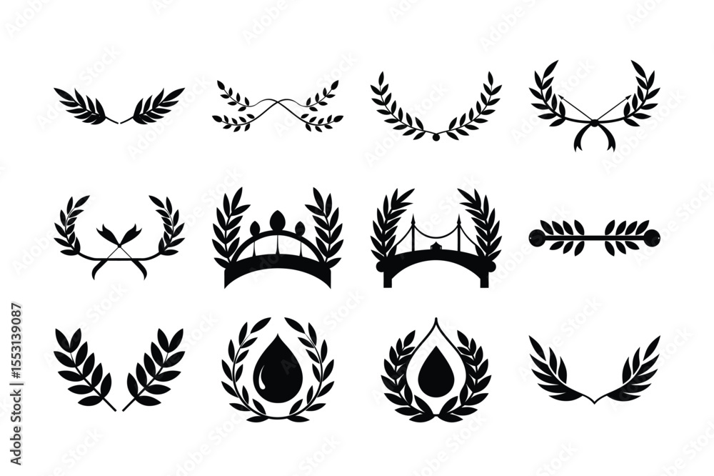 Obraz premium Set of black and white vector tattoo designs featuring floral and leaf silhouettes