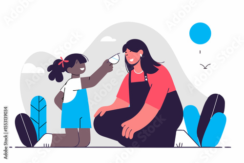 Smiling biracial girl watching her mother apply sunblock to her nose on a sunny day, family care and lifestyle scene