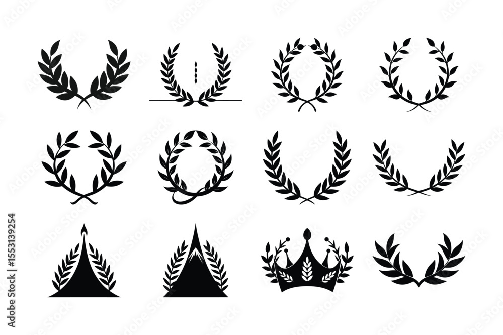 Obraz premium Black vector set of floral laurel wreath design elements with leaf, wing, and branch illustrations for tattoo or decoration