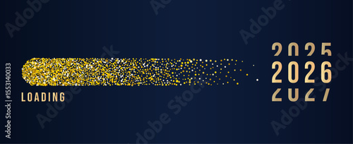2026 Happy New Year Background. Loading bar with flowing golden dots particles on dark blue background . Vector Illustration for New Year 2026 greeting card, banner, poster, flyer festive design.