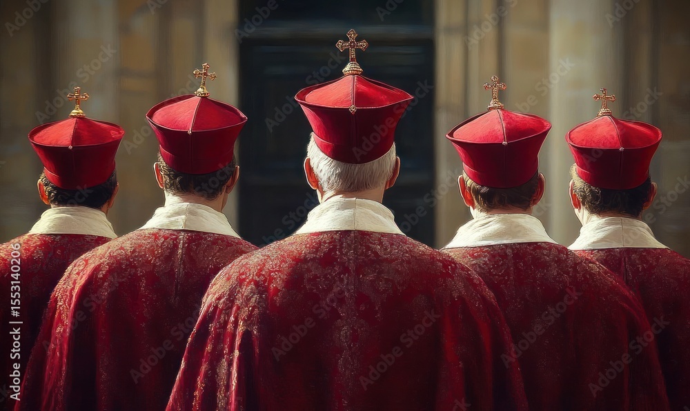 Obraz premium Group of five clergymen wearing red ceremonial robes and hats with gold crosses standing with their backs to the camera inside a religious building