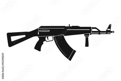 Silhouette showcases an assault rifle featuring a triangular stock, magazine, and distinctive barrel with transparent background