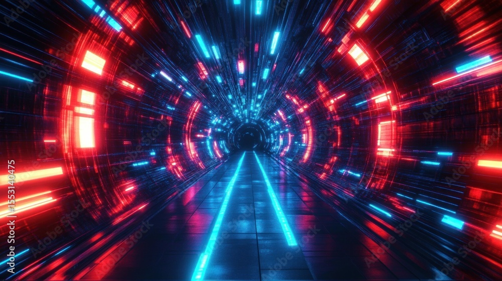 Obraz premium Futuristic glowing tunnel corridor with vibrant red and blue neon lights creating a dynamic high-tech atmosphere with reflective floor and light trails