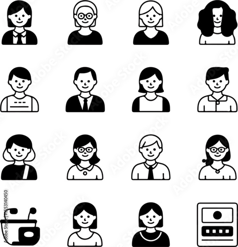 Black and white icon set of diverse people portraits with various hairstyles and clothing styles in a grid